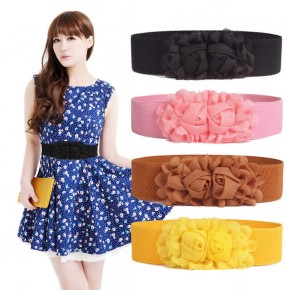 Women girls stage performance latin ballroom dance dresses rose flowers sashes dress elastic waistband decoration belt for female